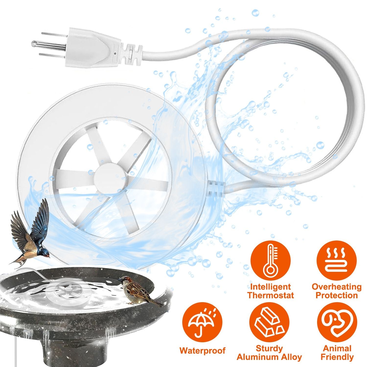 70W Bird Bath Heater for Outdoors Winter Heated Bird Bath Deicer Waterproof Aluminum Alloy Water Heater with Thermostat Auto Shutdown for Yard Patio Farm