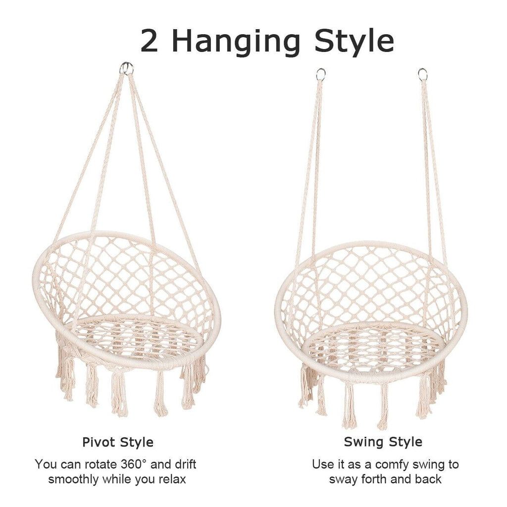 Hammock Chair Macrame Swing Chair Handmade Knitted Hanging Cotton Rope Chair for Indoor/Outdoor Home Patio Deck Yard Garden Reading Leisure Beige