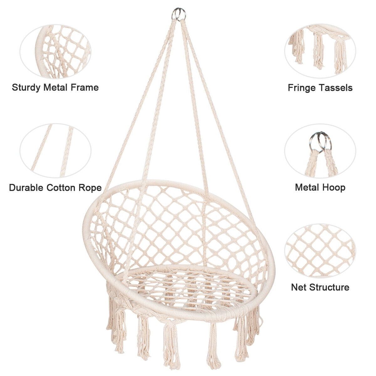 Hammock Chair Macrame Swing Chair Handmade Knitted Hanging Cotton Rope Chair for Indoor/Outdoor Home Patio Deck Yard Garden Reading Leisure Beige