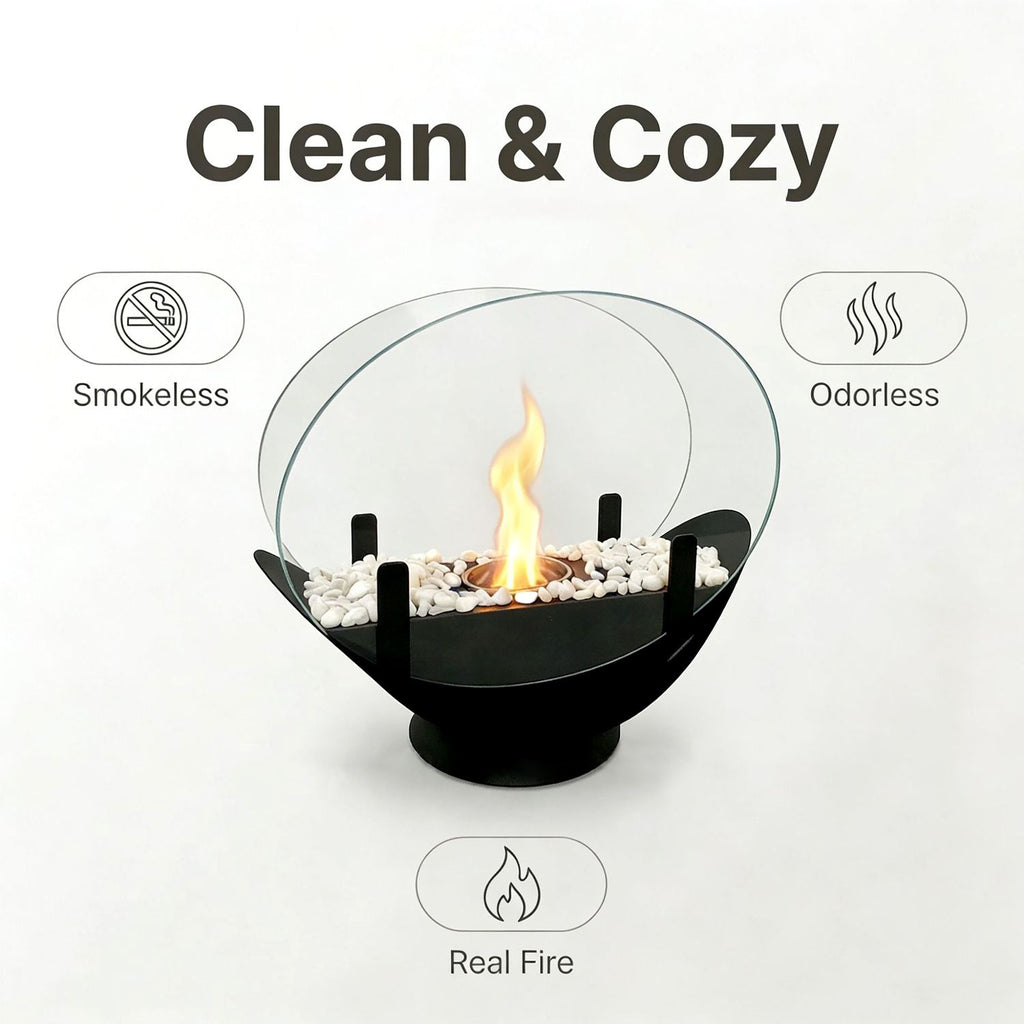 Oval Glass Large Tabletop Fireplace 11.2" Portable Fire Bowl Pot Clean Burning Fireplace for Indoor Outdoor Patio Parties Events(Black)