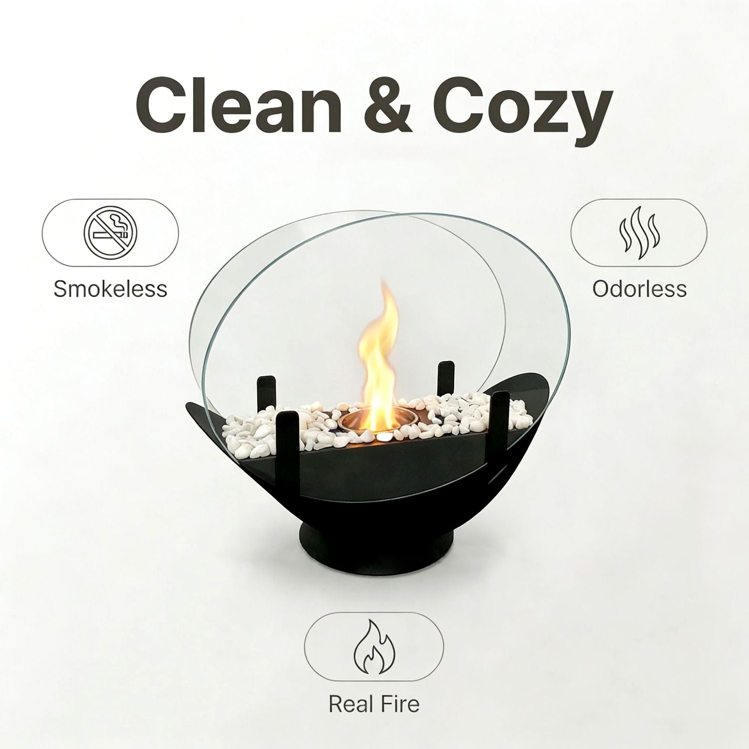 Oval Glass Large Tabletop Fireplace 11.2" Portable Fire Bowl Pot Clean Burning Fireplace for Indoor Outdoor Patio Parties Events(Black)