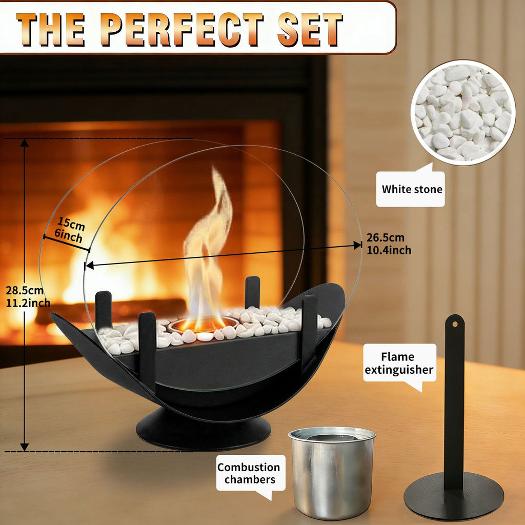 Oval Glass Large Tabletop Fireplace 11.2" Portable Fire Bowl Pot Clean Burning Fireplace for Indoor Outdoor Patio Parties Events(Black)