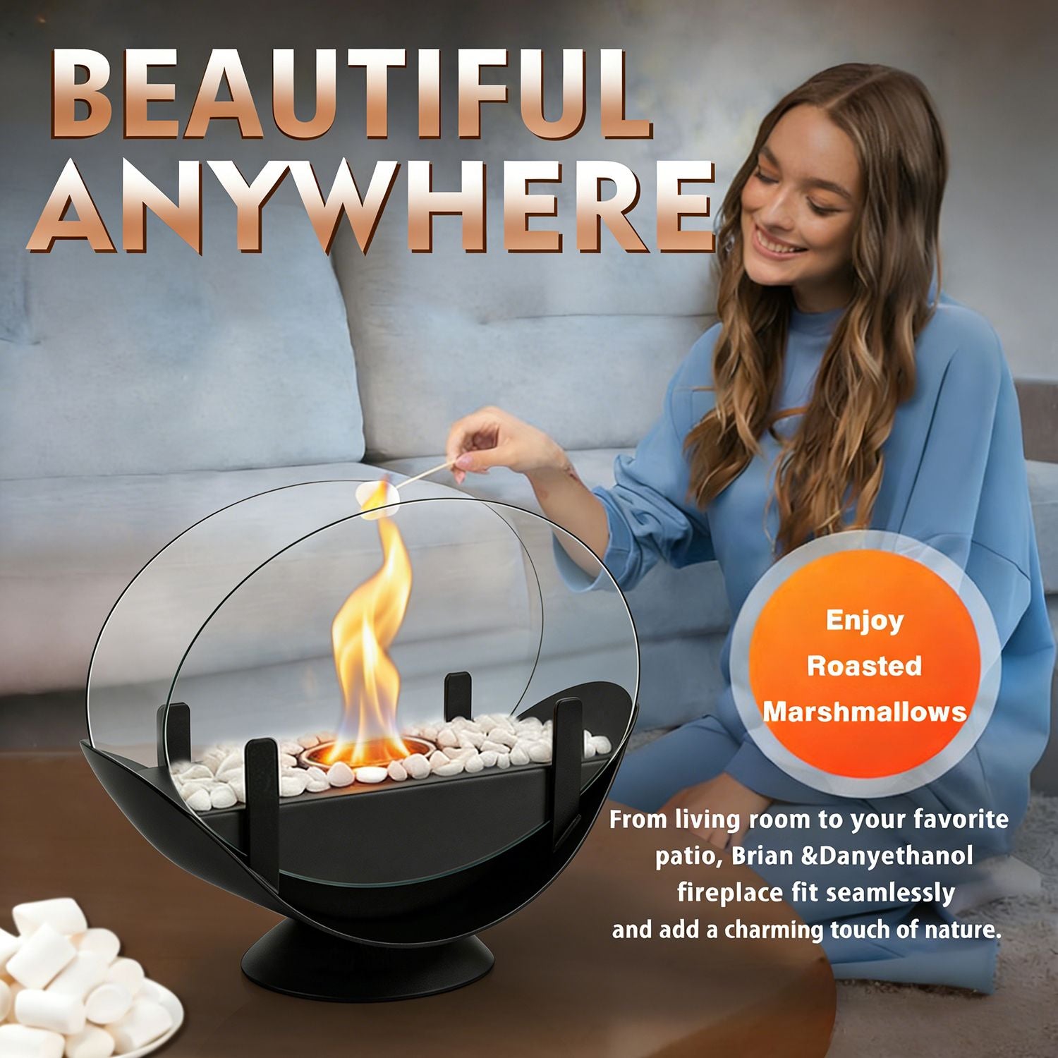 Oval Glass Large Tabletop Fireplace 11.2" Portable Fire Bowl Pot Clean Burning Fireplace for Indoor Outdoor Patio Parties Events(Black)