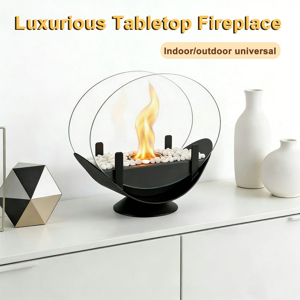 Oval Glass Large Tabletop Fireplace 11.2" Portable Fire Bowl Pot Clean Burning Fireplace for Indoor Outdoor Patio Parties Events(Black)