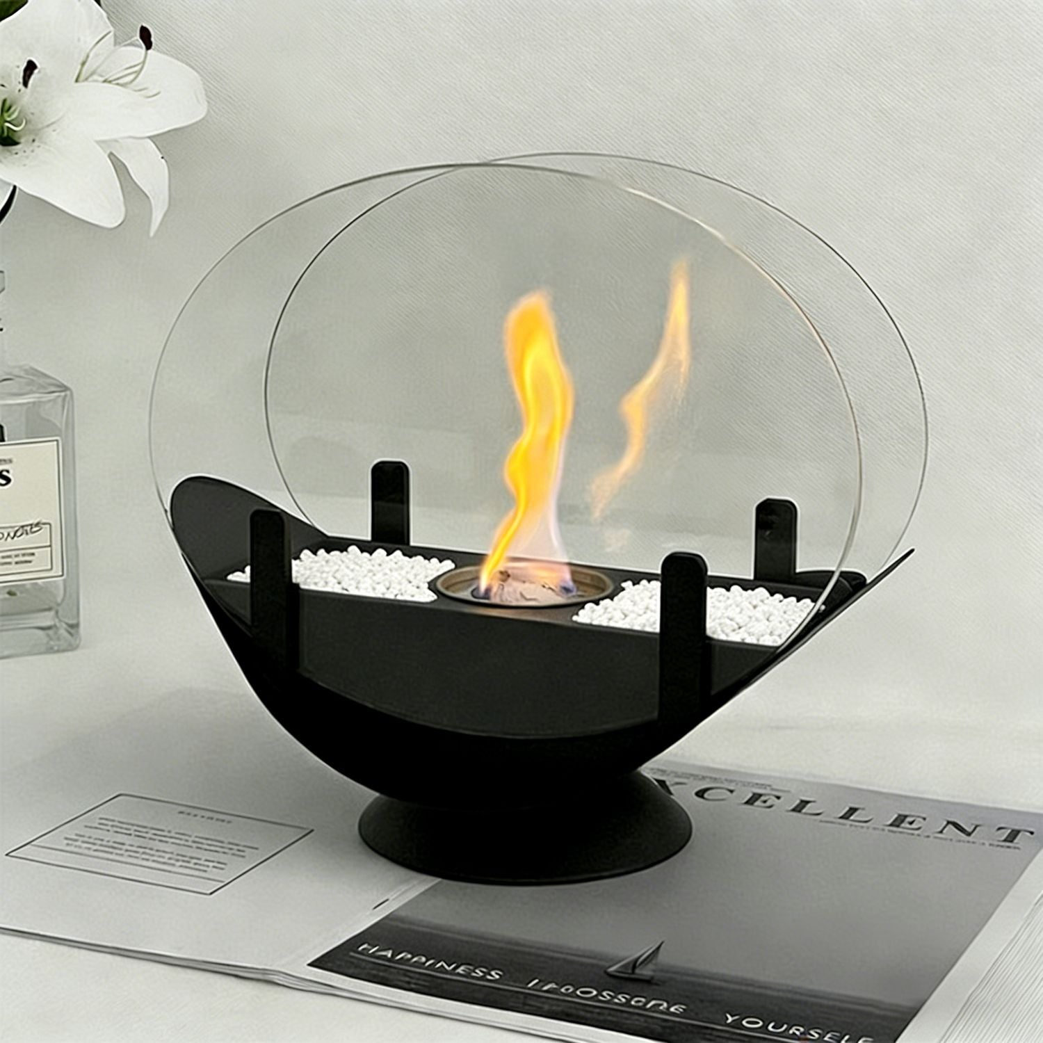 Oval Glass Large Tabletop Fireplace 11.2" Portable Fire Bowl Pot Clean Burning Fireplace for Indoor Outdoor Patio Parties Events(Black)