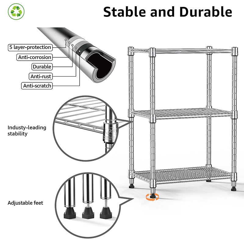 450 lbs Wire Storage Shelving 3-Tier Utility Shelving Unit Steel Organizer Wire Rack for Home,Kitchen,Office,Chrome(11.8" D x 17.7" W x 26.3" H)
