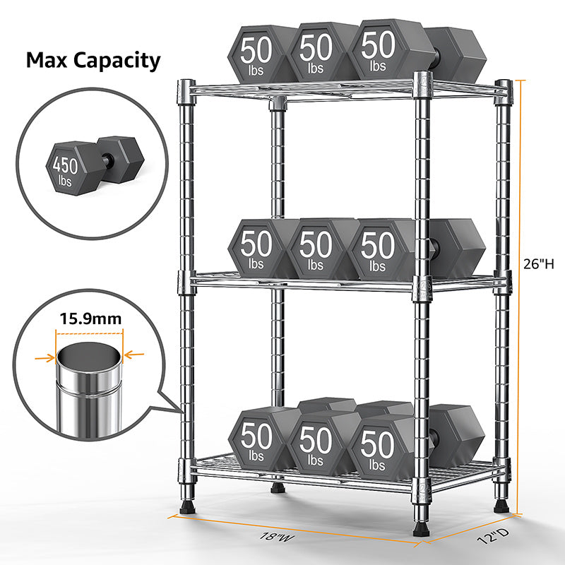 450 lbs Wire Storage Shelving 3-Tier Utility Shelving Unit Steel Organizer Wire Rack for Home,Kitchen,Office,Chrome(11.8" D x 17.7" W x 26.3" H)