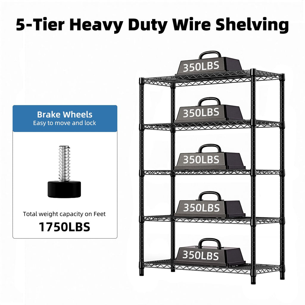 Steel Storage Shelving 5-Tier Utility Shelving Unit Steel Organizer Wire Rack for Home,Kitchen,Office,Garage, 1750 LBS Capacity 17.7" D x 47.2" W x 72.3" H