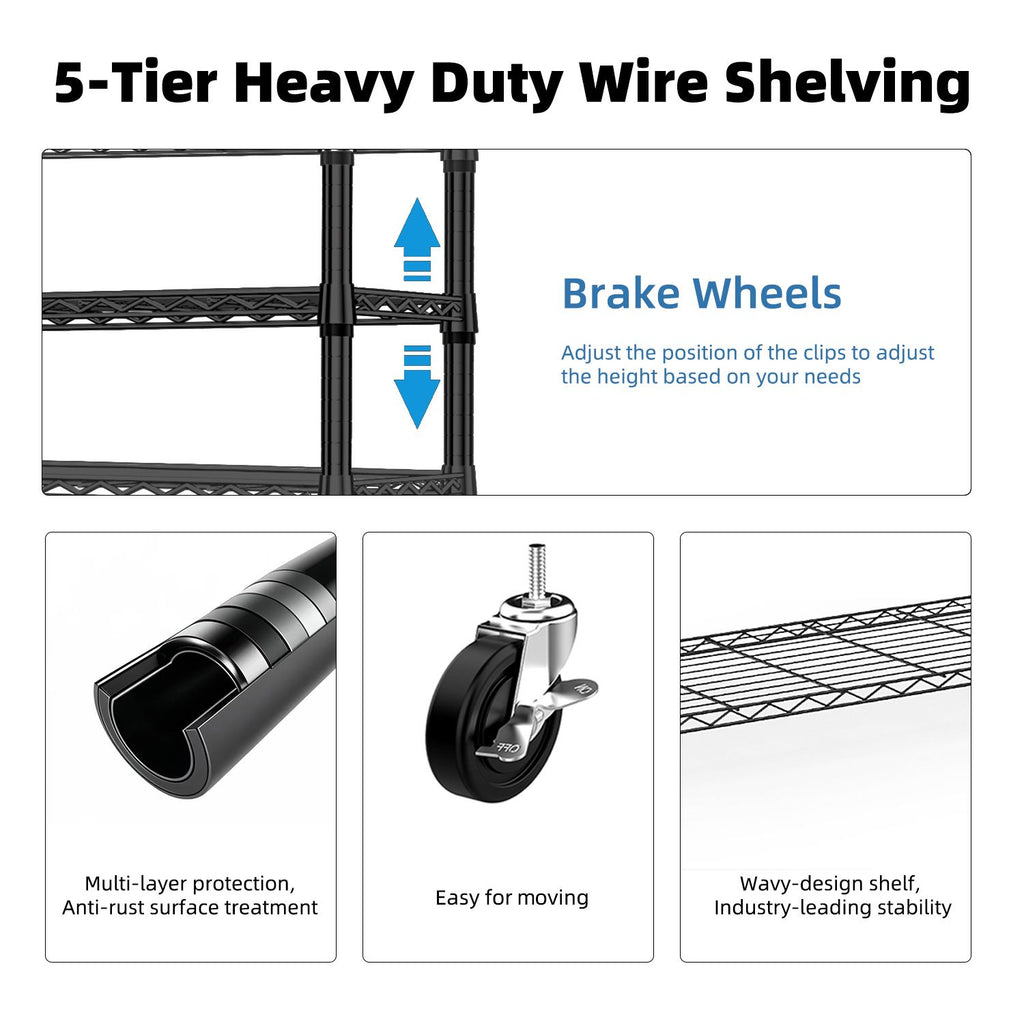 Steel Storage Shelving 5-Tier Utility Shelving Unit Steel Organizer Wire Rack for Home,Kitchen,Office,Garage, 1750 LBS Capacity 17.7" D x 47.2" W x 72.3" H