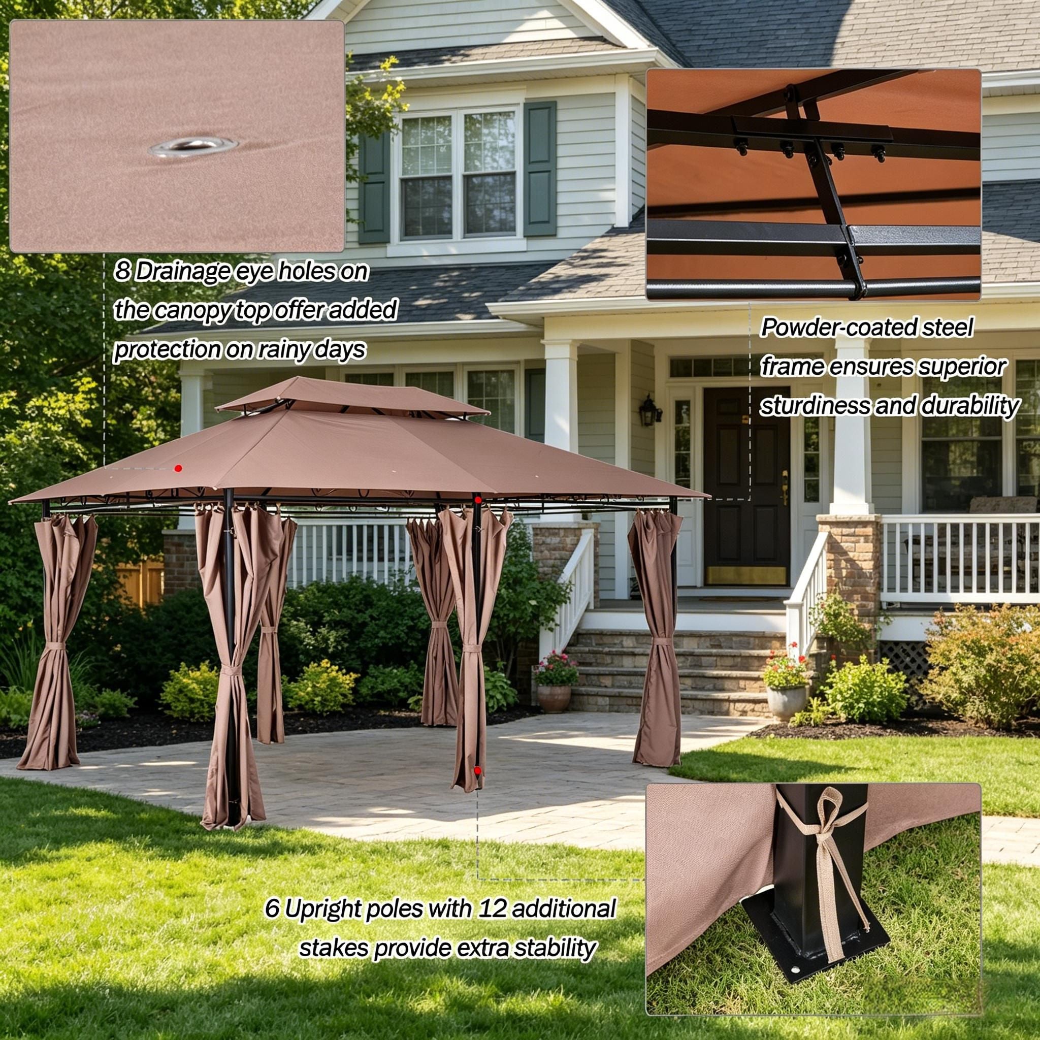 10' X 13' Outdoor Patio Gazebo with Curtains Vented Roof Steel Frame Garden Lawn Backyard Canopy Shelter for Deck