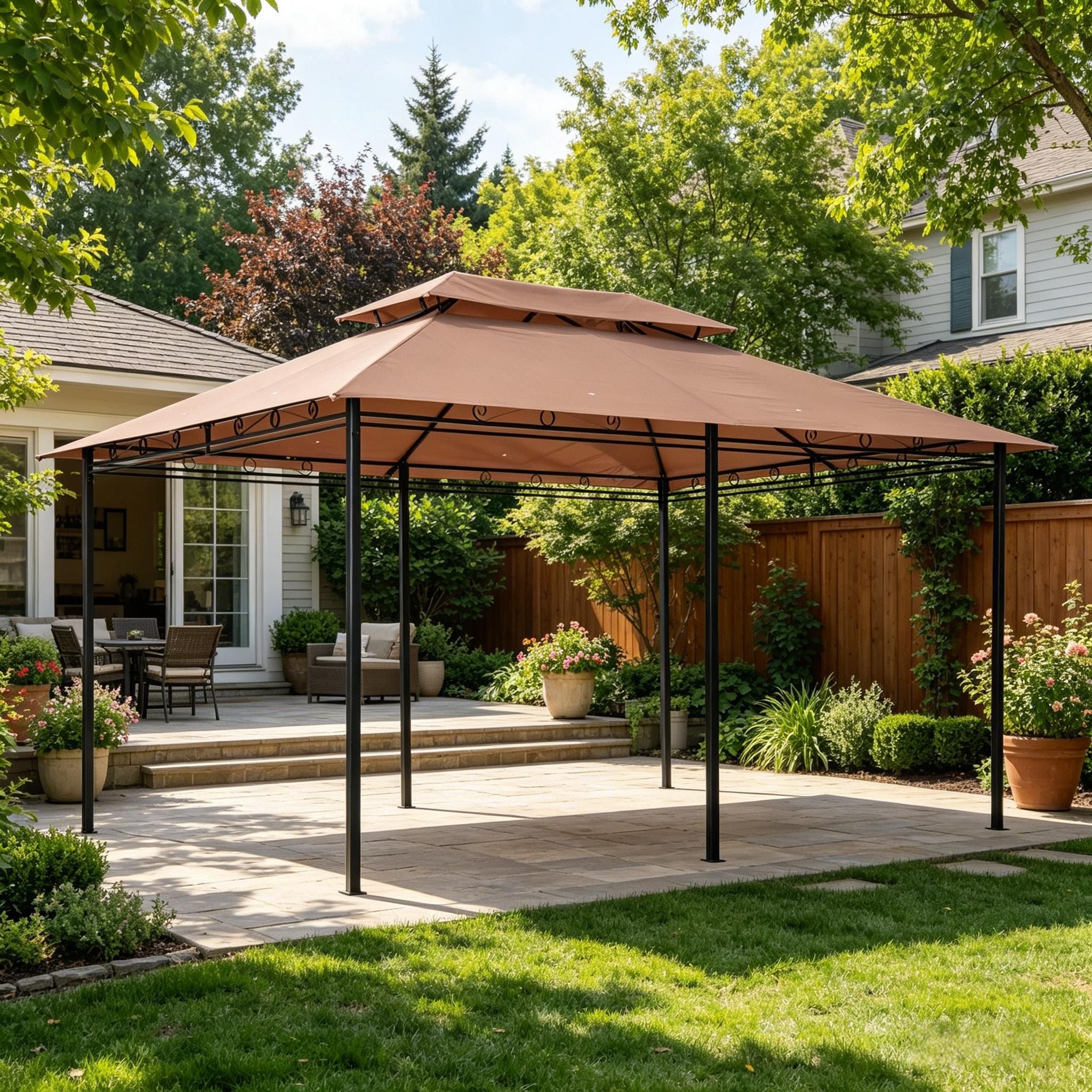 10' X 13' Outdoor Patio Gazebo with Curtains Vented Roof Steel Frame Garden Lawn Backyard Canopy Shelter for Deck