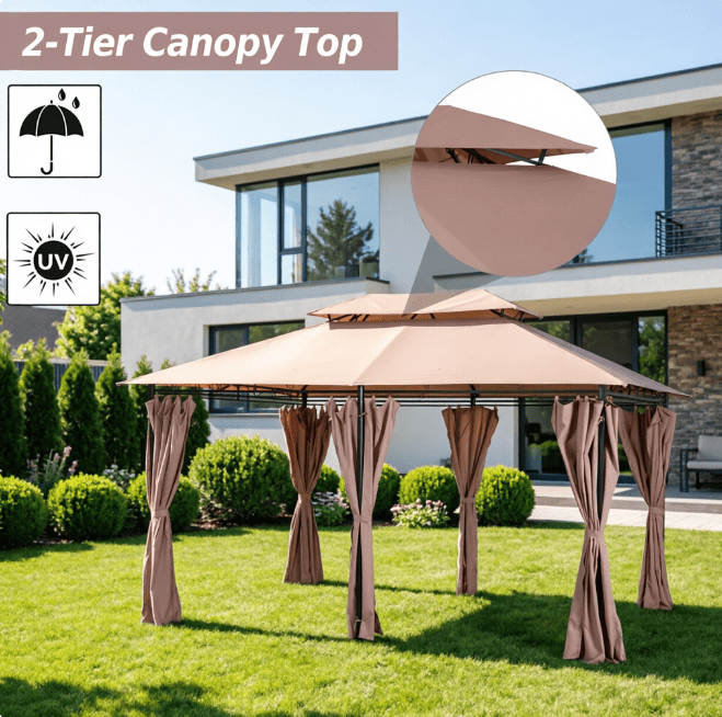 10' X 13' Outdoor Patio Gazebo with Curtains Vented Roof Steel Frame Garden Lawn Backyard Canopy Shelter for Deck
