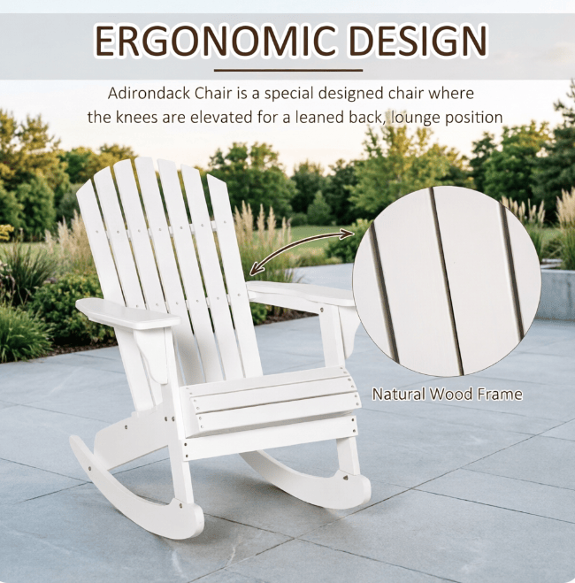 White Wooden  Rocking Chair Outdoor Lounge Fire Pit Seating Slatted Design Fanned Back for Garden Patio Comfort