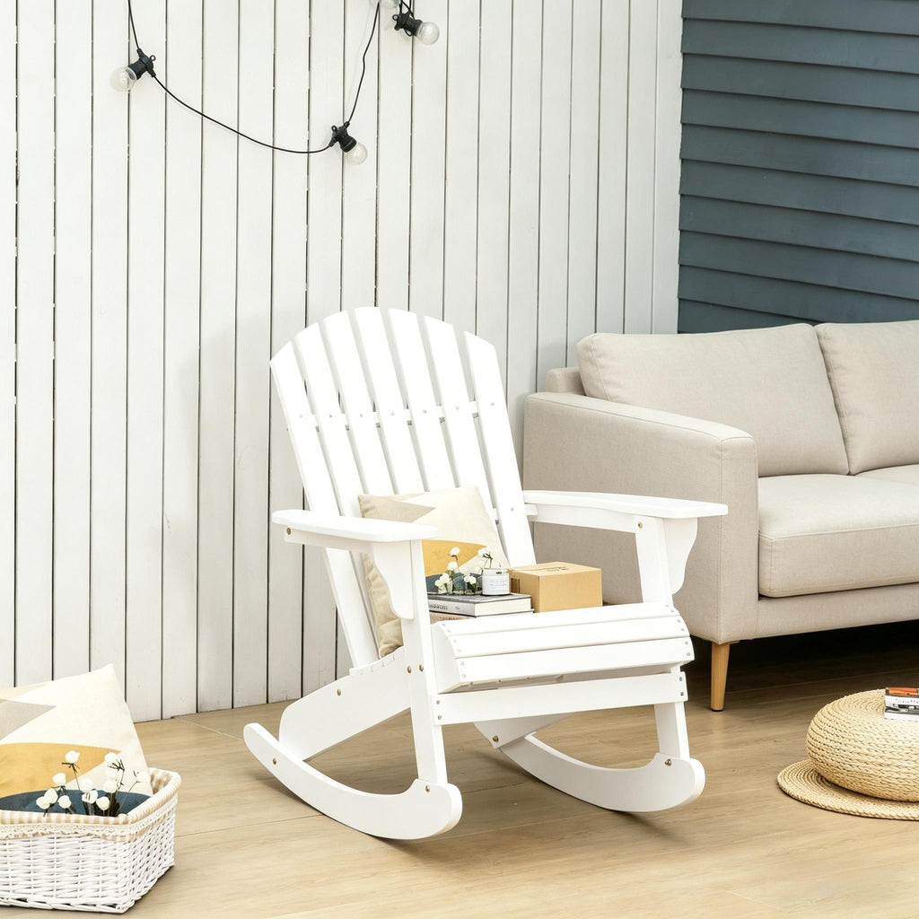 White Wooden  Rocking Chair Outdoor Lounge Fire Pit Seating Slatted Design Fanned Back for Garden Patio Comfort