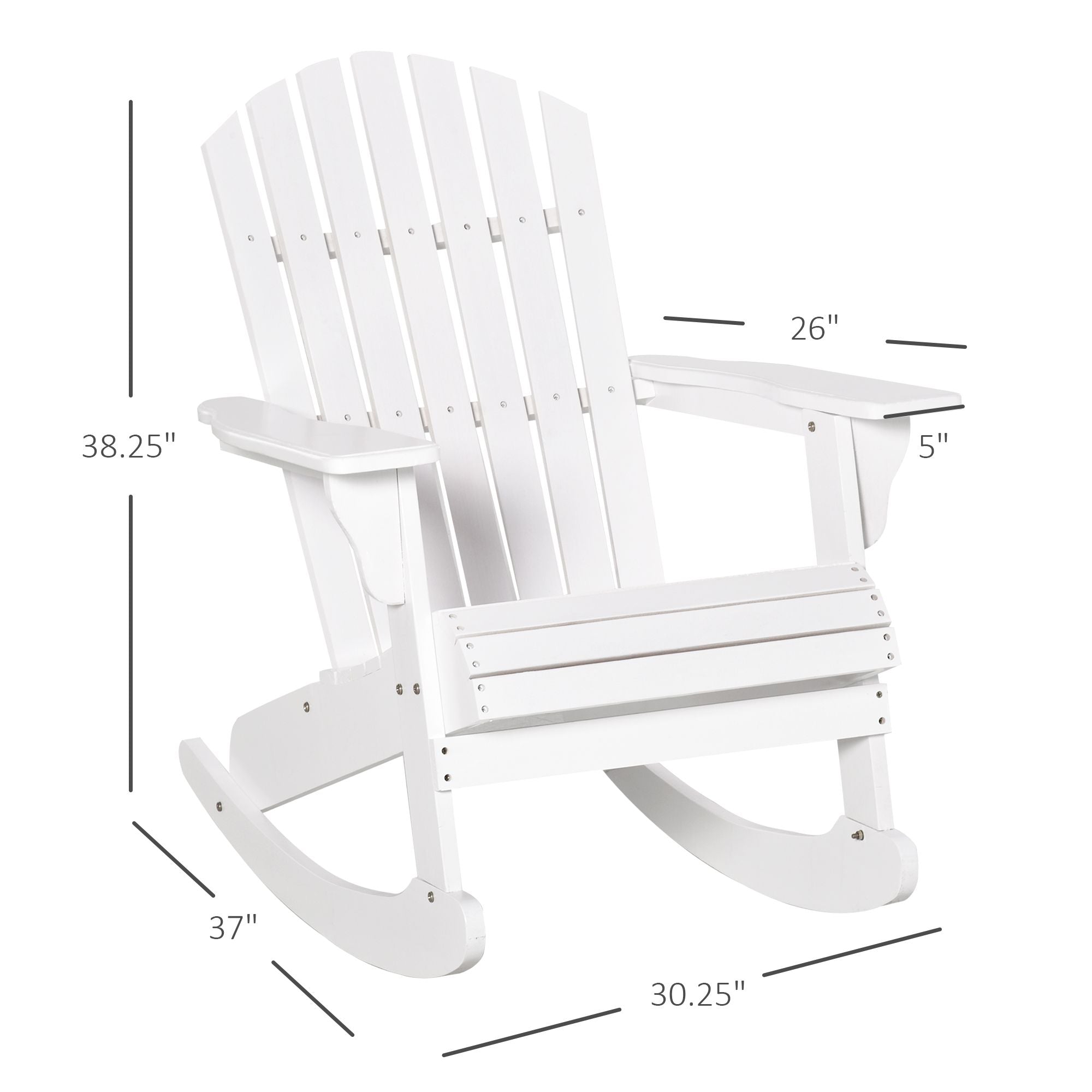 White Wooden  Rocking Chair Outdoor Lounge Fire Pit Seating Slatted Design Fanned Back for Garden Patio Comfort