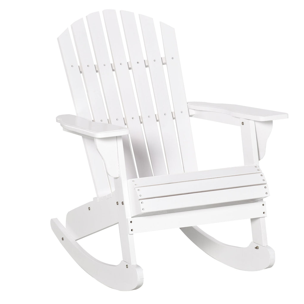 White Wooden  Rocking Chair Outdoor Lounge Fire Pit Seating Slatted Design Fanned Back for Garden Patio Comfort