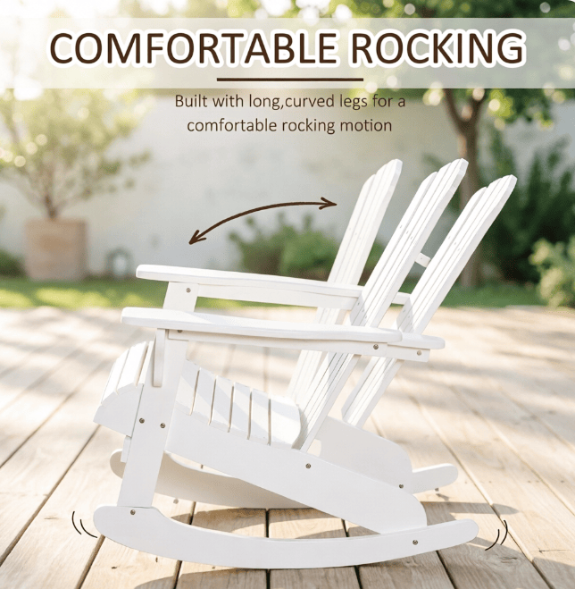 White Wooden  Rocking Chair Outdoor Lounge Fire Pit Seating Slatted Design Fanned Back for Garden Patio Comfort