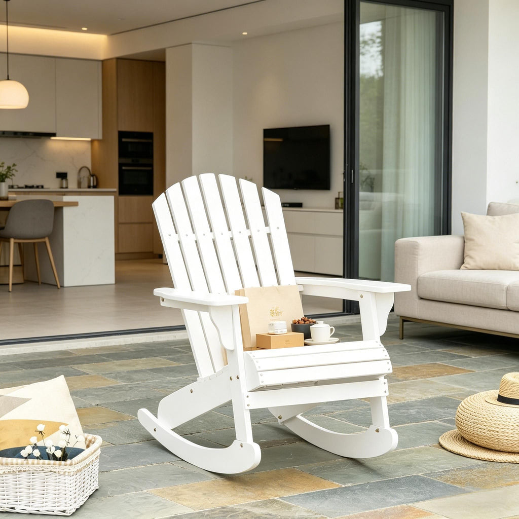 White Wooden  Rocking Chair Outdoor Lounge Fire Pit Seating Slatted Design Fanned Back for Garden Patio Comfort