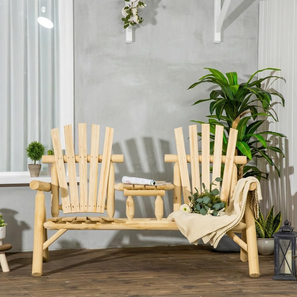 Natural 2-Seat Wooden Patio Bench with Table Outdoor Fire Pit Chair for Porch Backyard Deck Comfortable Seating Arrangement