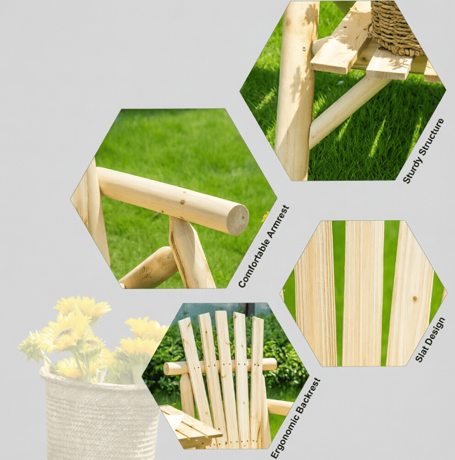 Natural 2-Seat Wooden Patio Bench with Table Outdoor Fire Pit Chair for Porch Backyard Deck Comfortable Seating Arrangement