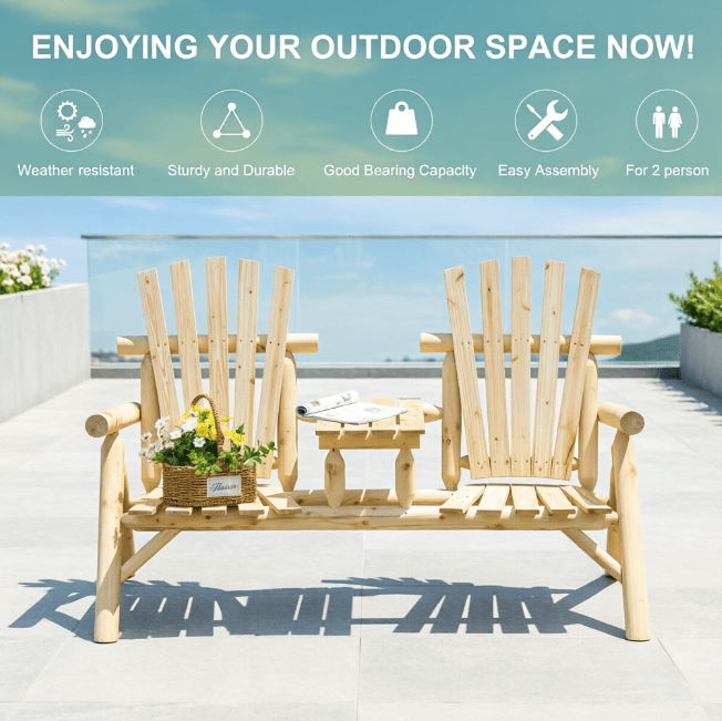 Natural 2-Seat Wooden Patio Bench with Table Outdoor Fire Pit Chair for Porch Backyard Deck Comfortable Seating Arrangement