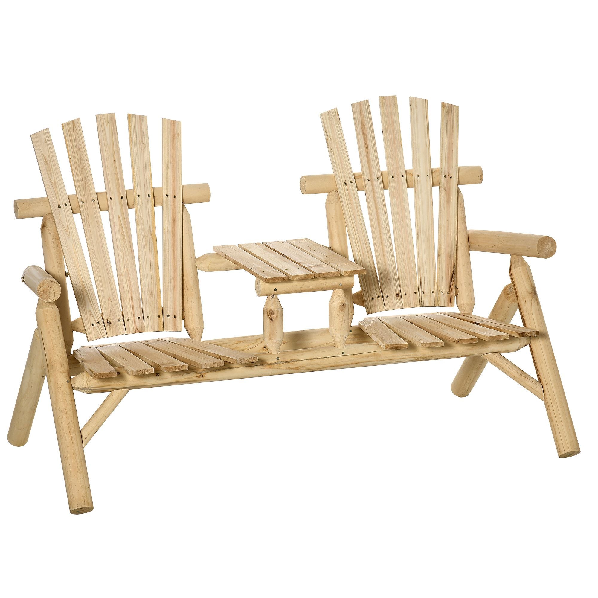 Natural 2-Seat Wooden Patio Bench with Table Outdoor Fire Pit Chair for Porch Backyard Deck Comfortable Seating Arrangement