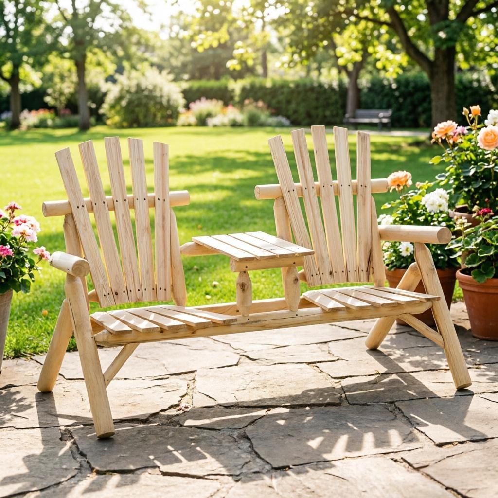 Natural 2-Seat Wooden Patio Bench with Table Outdoor Fire Pit Chair for Porch Backyard Deck Comfortable Seating Arrangement