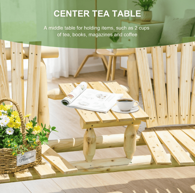 Natural 2-Seat Wooden Patio Bench with Table Outdoor Fire Pit Chair for Porch Backyard Deck Comfortable Seating Arrangement