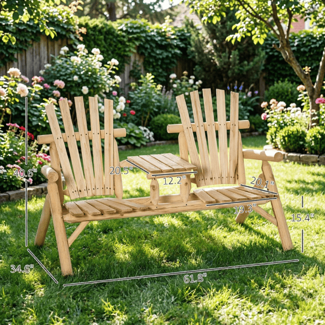 Natural 2-Seat Wooden Patio Bench with Table Outdoor Fire Pit Chair for Porch Backyard Deck Comfortable Seating Arrangement