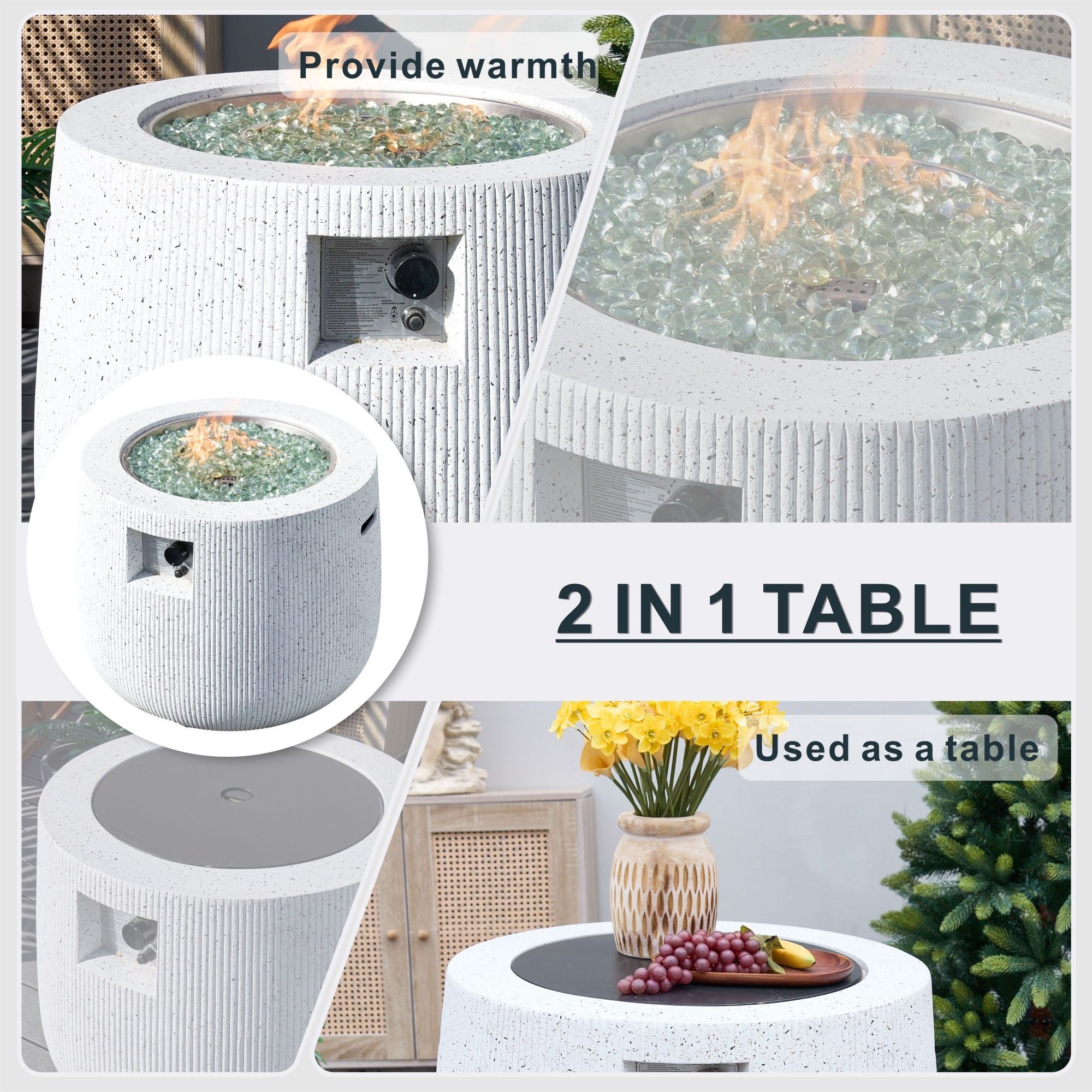Direct Wicker 31" Outdoor Round Magnesium Oxide Gas Fire Pit Table with Lid & Rain Cover,White