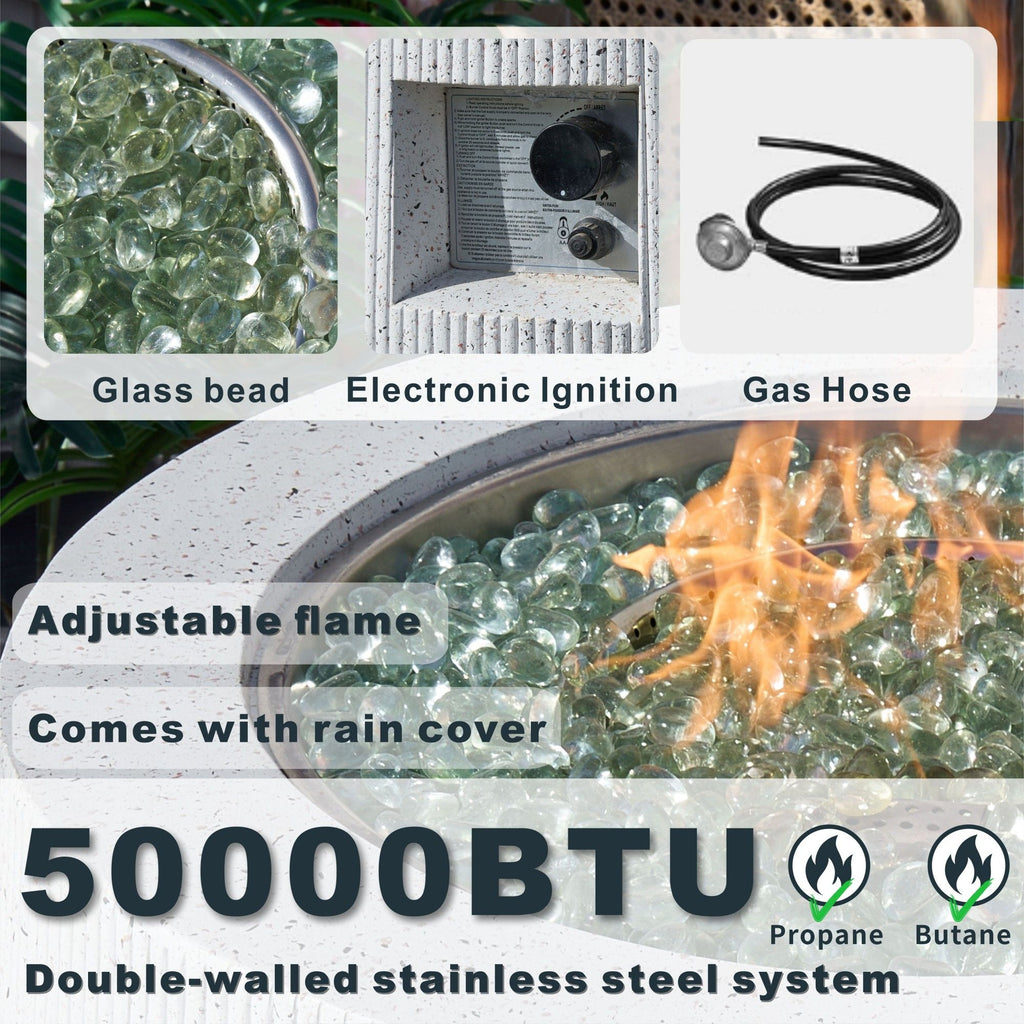 Direct Wicker 31" Outdoor Round Magnesium Oxide Gas Fire Pit Table with Lid & Rain Cover,White