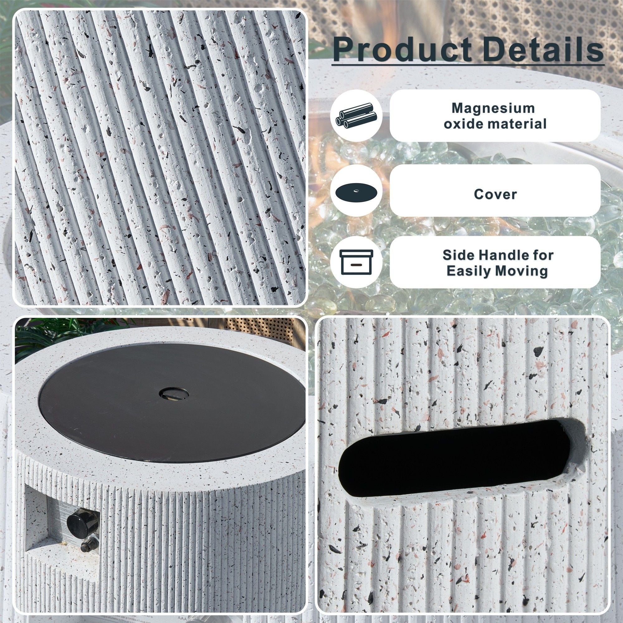 Direct Wicker 31" Outdoor Round Magnesium Oxide Gas Fire Pit Table with Lid & Rain Cover,White