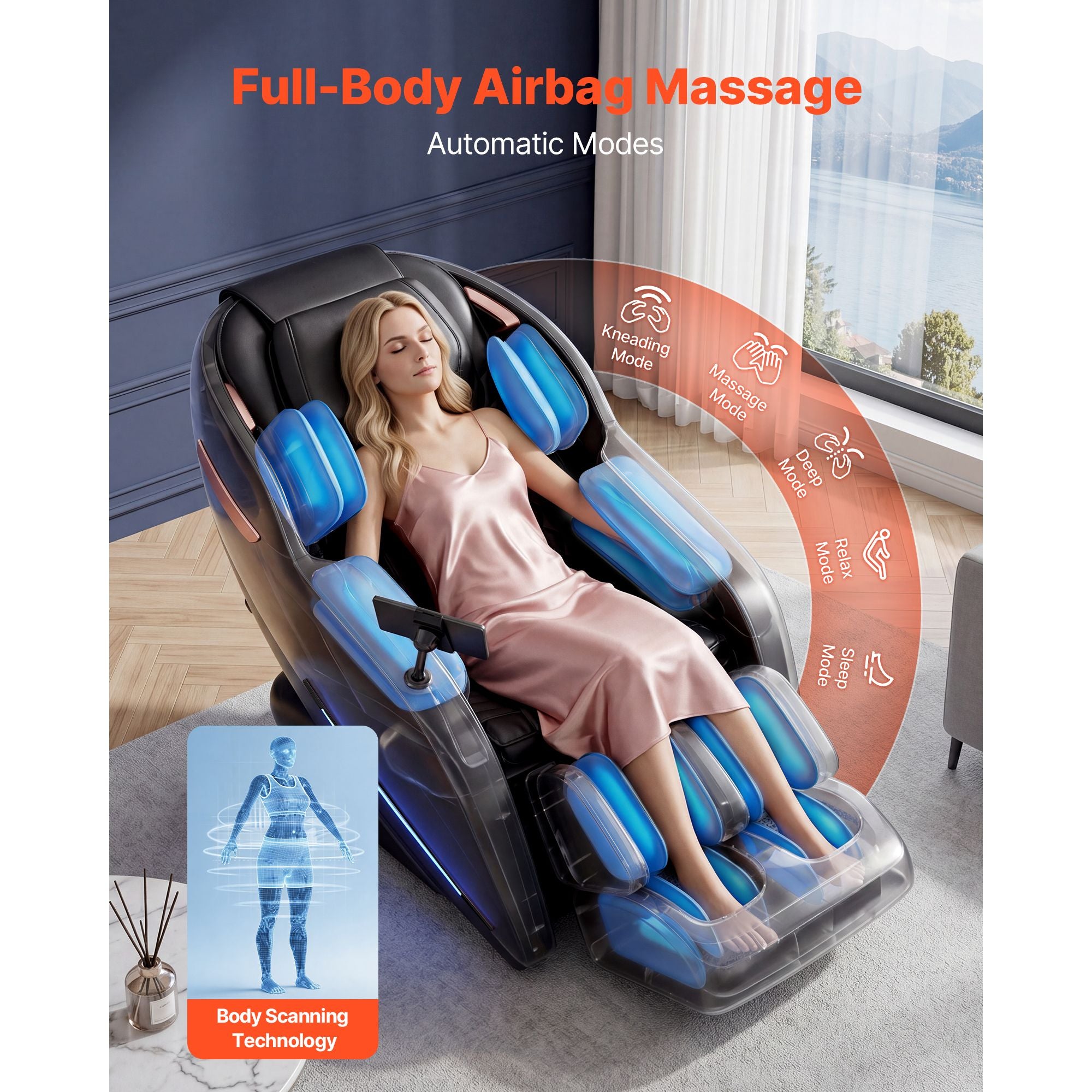 Massage Chair, 3D Zero-Gravity Full Body Massage Chair with Extendable Footrest, Automatic Modes, Airbags, Waist & Leg Heating, Bluetooth Speaker, Touchscreen Control, for Home and Office Use