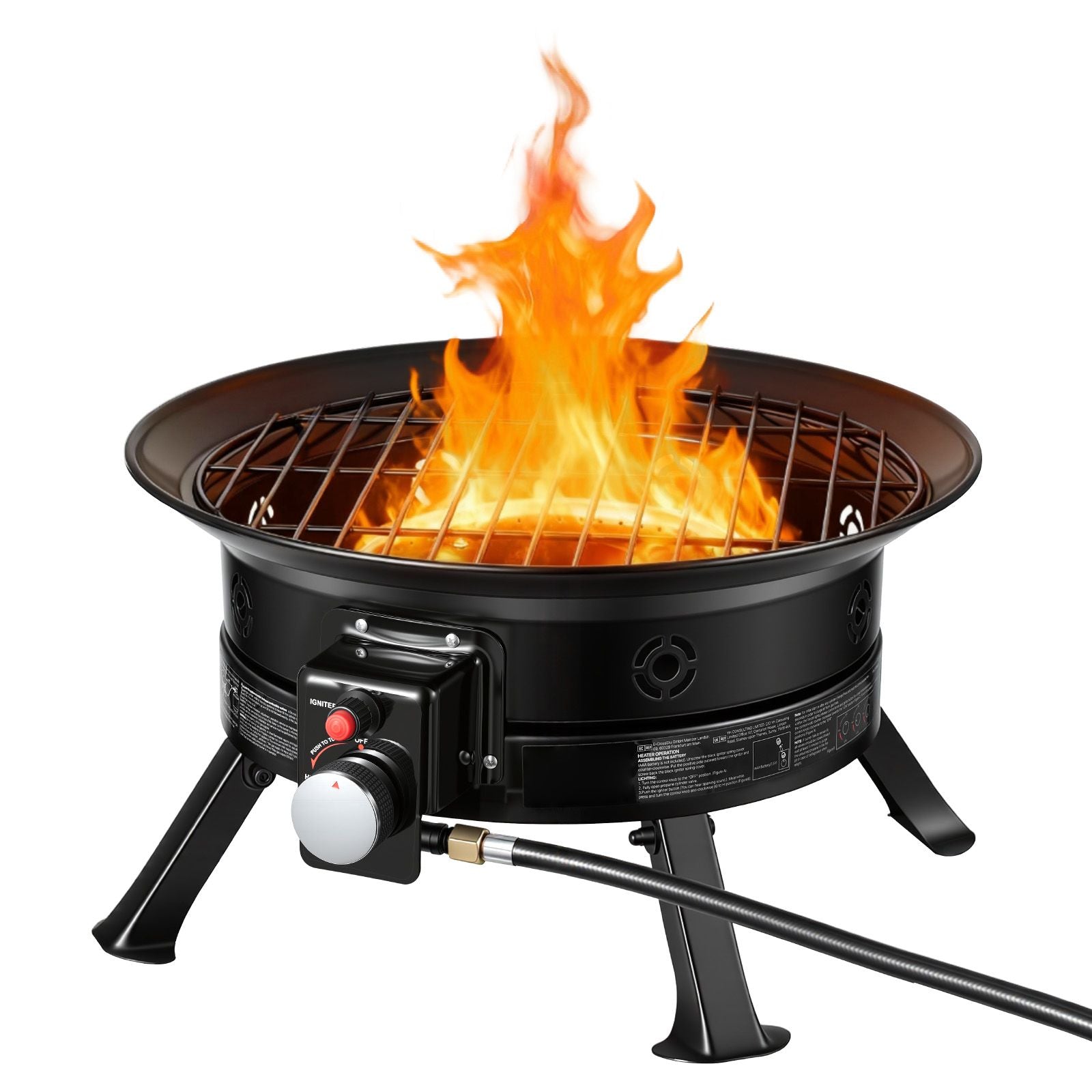 Propane Fire Pit 19-Inch, 53,000 BTU Portable Gas Fire Pit, with Grill Grate & Lava Rocks, Adjustable Flame, Folding Legs,Smokeless Outdoor Firebowl for Camping, Patio, Backyard, Deck, RV, Black
