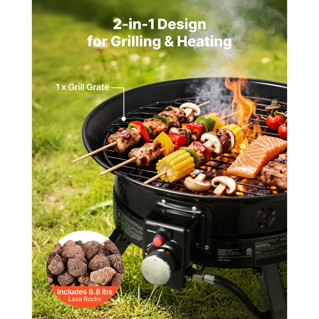 Propane Fire Pit 19-Inch, 53,000 BTU Portable Gas Fire Pit, with Grill Grate & Lava Rocks, Adjustable Flame, Folding Legs,Smokeless Outdoor Firebowl for Camping, Patio, Backyard, Deck, RV, Black