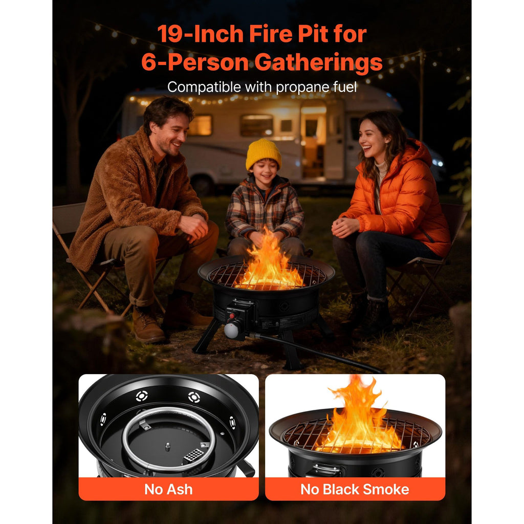 Propane Fire Pit 19-Inch, 53,000 BTU Portable Gas Fire Pit, with Grill Grate & Lava Rocks, Adjustable Flame, Folding Legs,Smokeless Outdoor Firebowl for Camping, Patio, Backyard, Deck, RV, Black