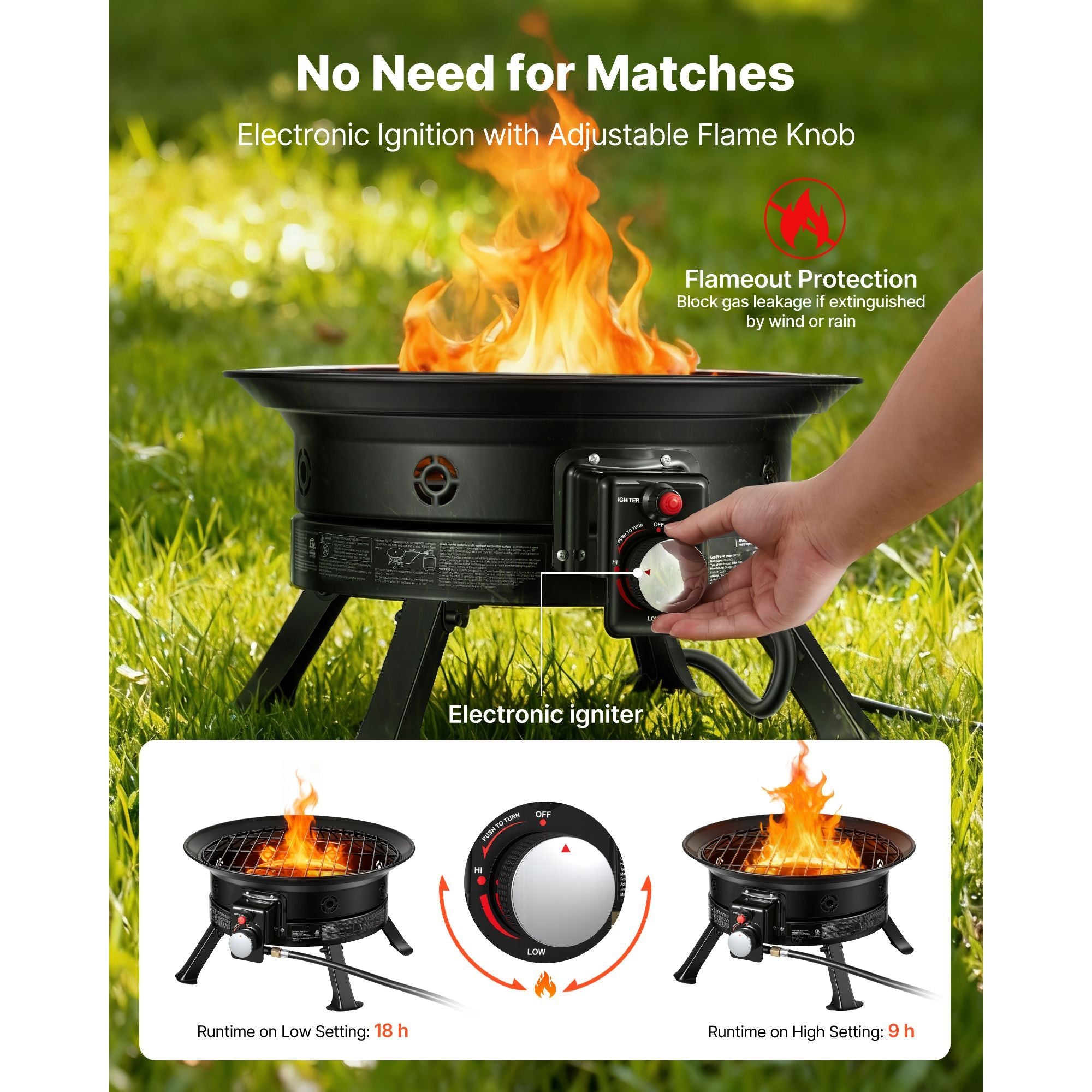 Propane Fire Pit 19-Inch, 53,000 BTU Portable Gas Fire Pit, with Grill Grate & Lava Rocks, Adjustable Flame, Folding Legs,Smokeless Outdoor Firebowl for Camping, Patio, Backyard, Deck, RV, Black