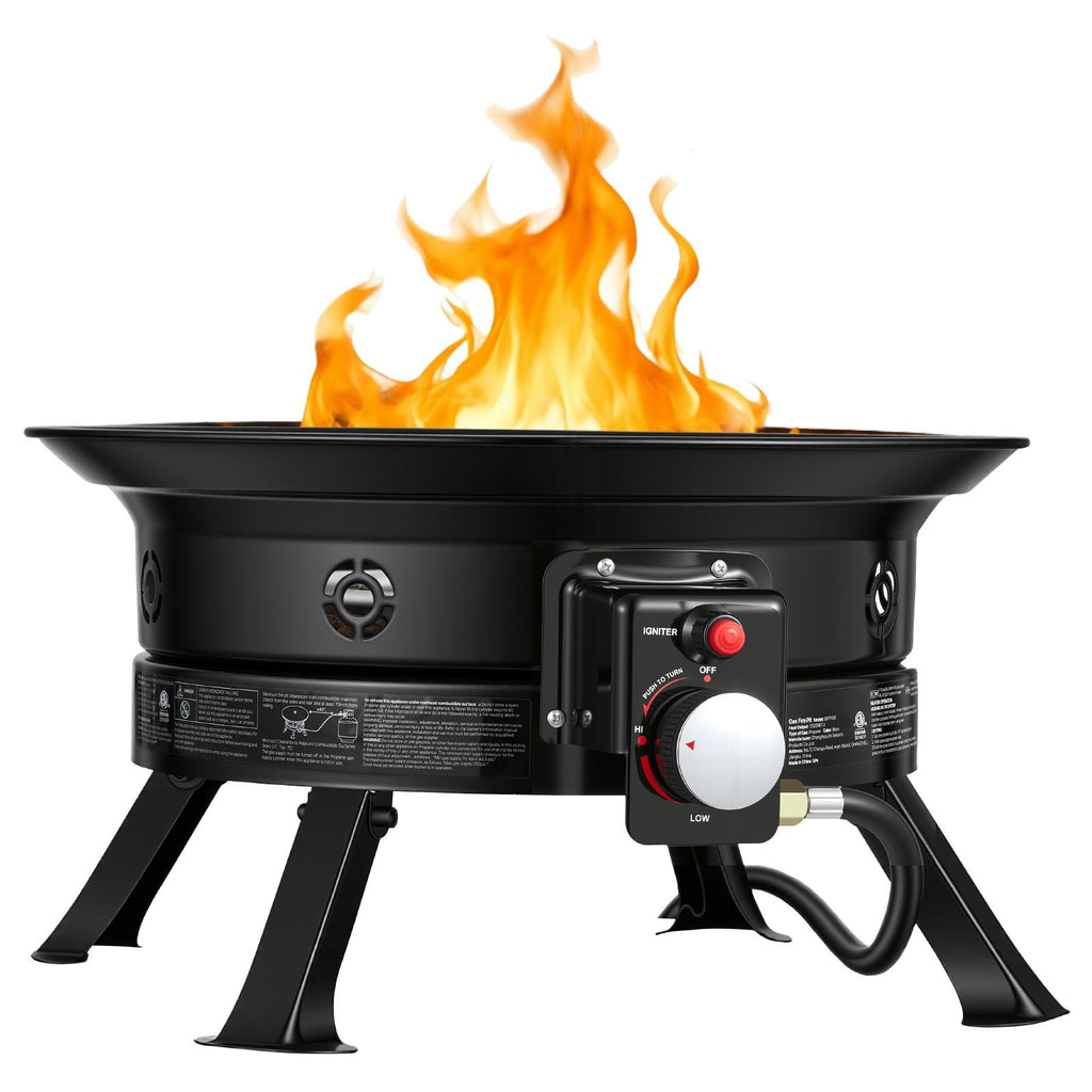 Propane Fire Pit 19-Inch, 53,000 BTU Portable Gas Fire Pit, with Grill Grate & Lava Rocks, Adjustable Flame, Folding Legs,Smokeless Outdoor Firebowl for Camping, Patio, Backyard, Deck, RV, Black
