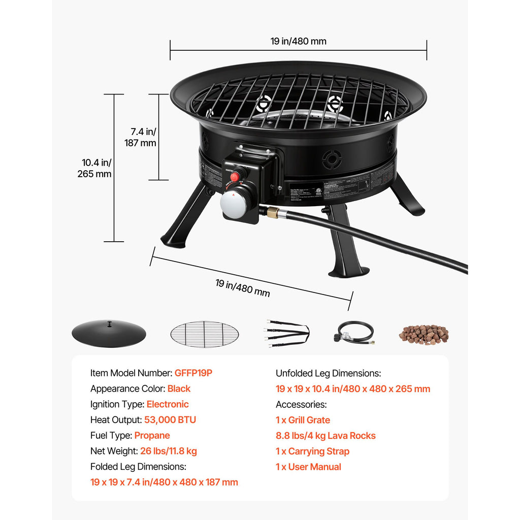 Propane Fire Pit 19-Inch, 53,000 BTU Portable Gas Fire Pit, with Grill Grate & Lava Rocks, Adjustable Flame, Folding Legs,Smokeless Outdoor Firebowl for Camping, Patio, Backyard, Deck, RV, Black