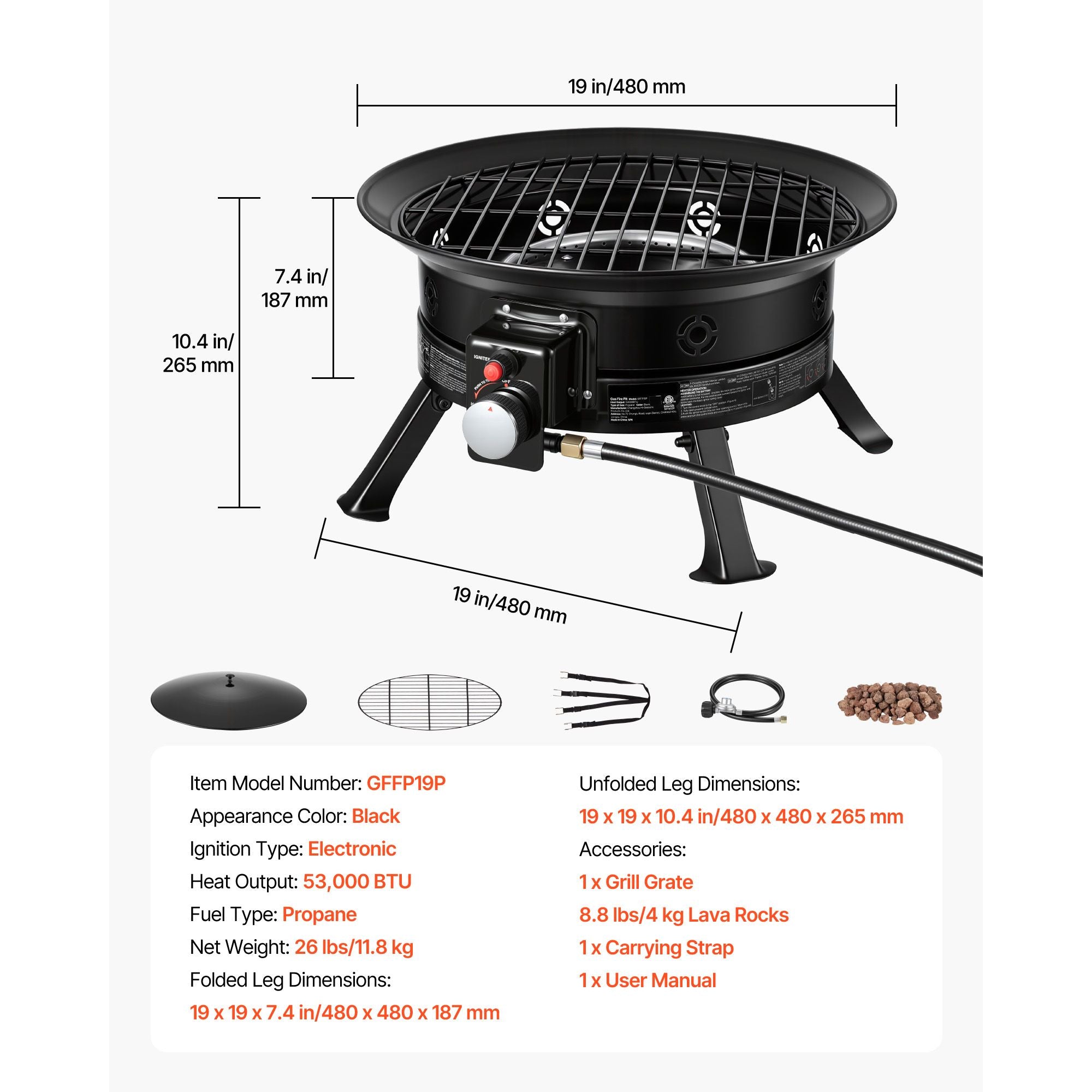 Propane Fire Pit 19-Inch, 53,000 BTU Portable Gas Fire Pit, with Grill Grate & Lava Rocks, Adjustable Flame, Folding Legs,Smokeless Outdoor Firebowl for Camping, Patio, Backyard, Deck, RV, Black