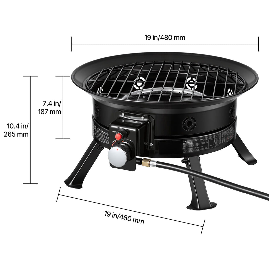 Propane Fire Pit 19-Inch, 53,000 BTU Portable Gas Fire Pit, with Grill Grate & Lava Rocks, Adjustable Flame, Folding Legs,Smokeless Outdoor Firebowl for Camping, Patio, Backyard, Deck, RV, Black