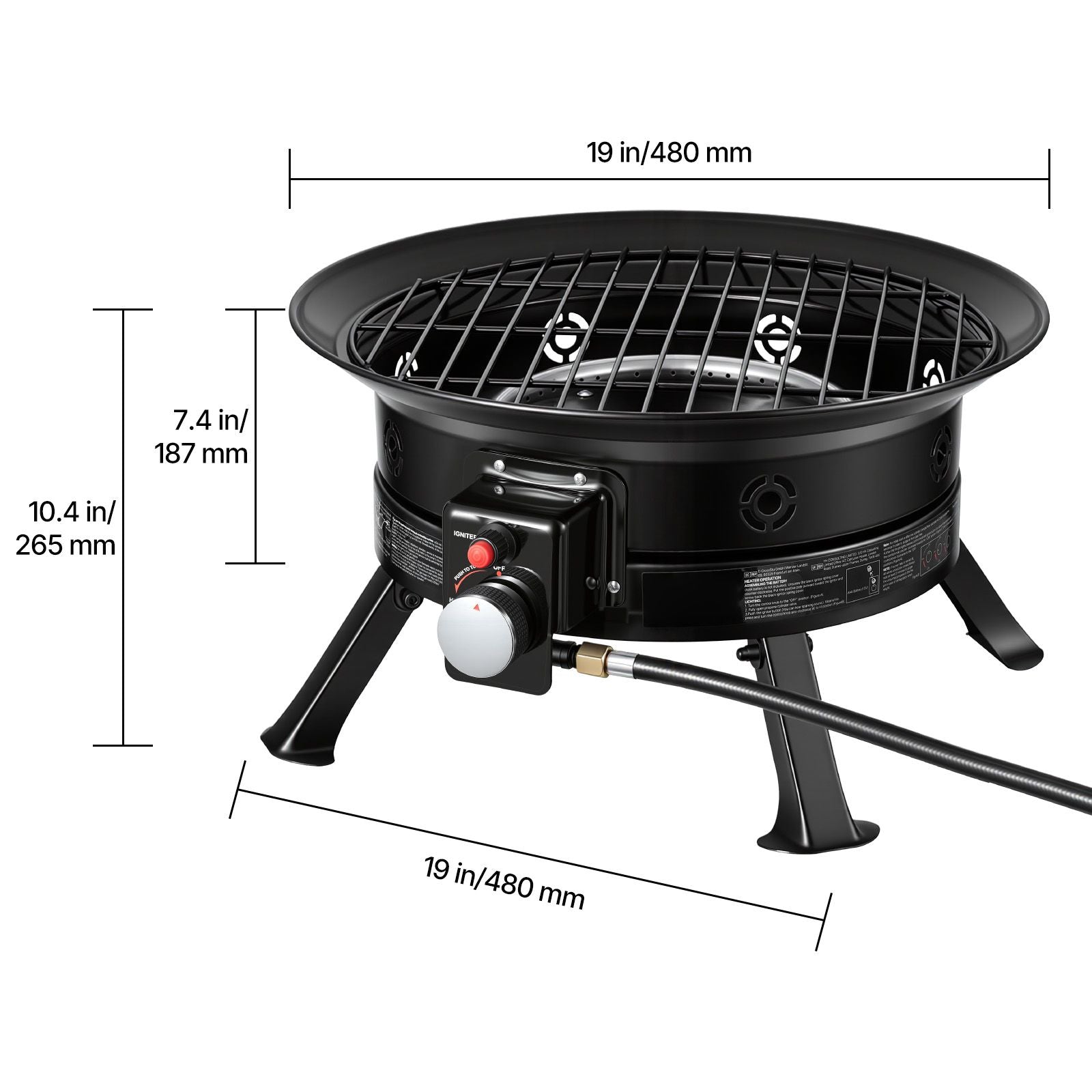 Propane Fire Pit 19-Inch, 53,000 BTU Portable Gas Fire Pit, with Grill Grate & Lava Rocks, Adjustable Flame, Folding Legs,Smokeless Outdoor Firebowl for Camping, Patio, Backyard, Deck, RV, Black