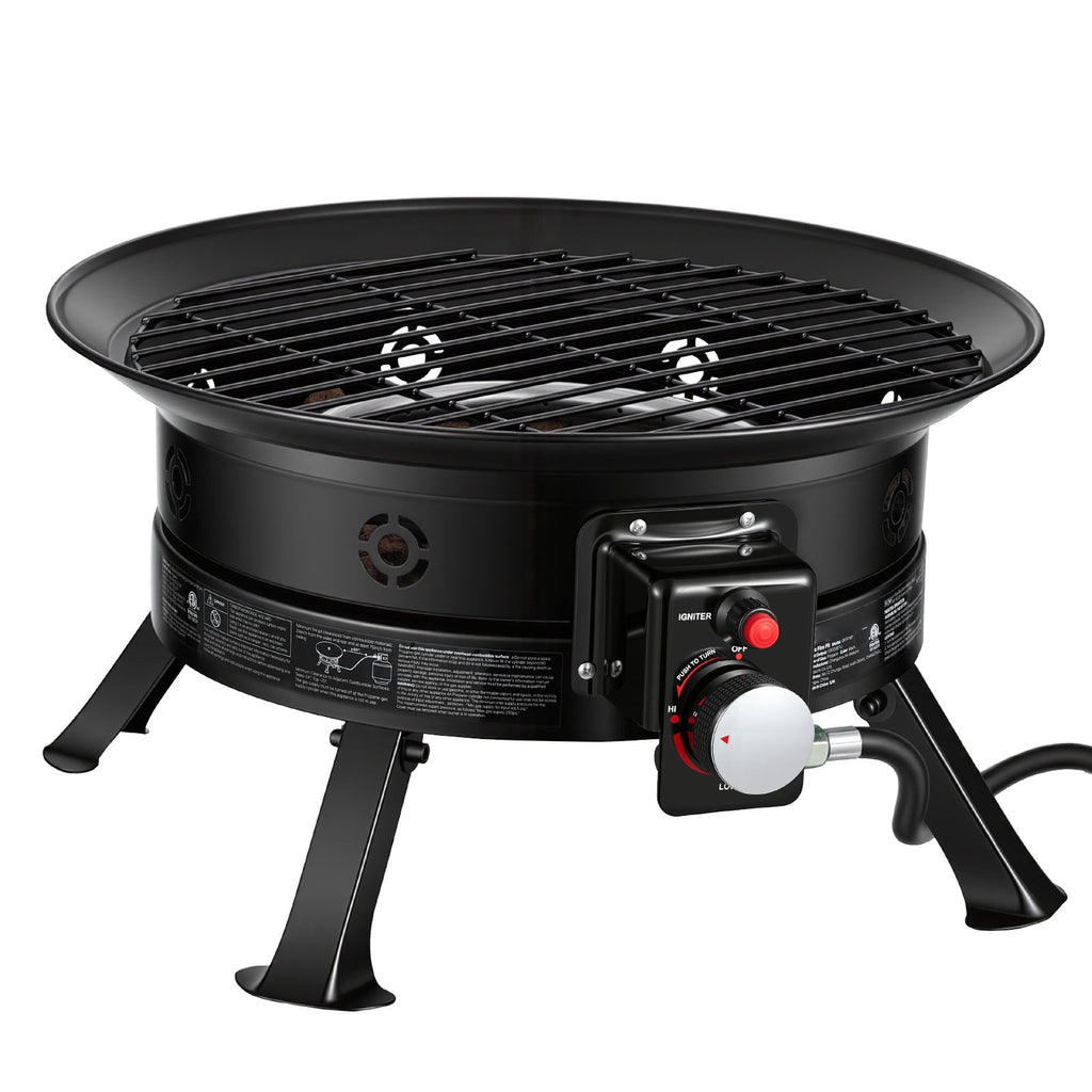 Propane Fire Pit 19-Inch, 53,000 BTU Portable Gas Fire Pit, with Grill Grate & Lava Rocks, Adjustable Flame, Folding Legs,Smokeless Outdoor Firebowl for Camping, Patio, Backyard, Deck, RV, Black