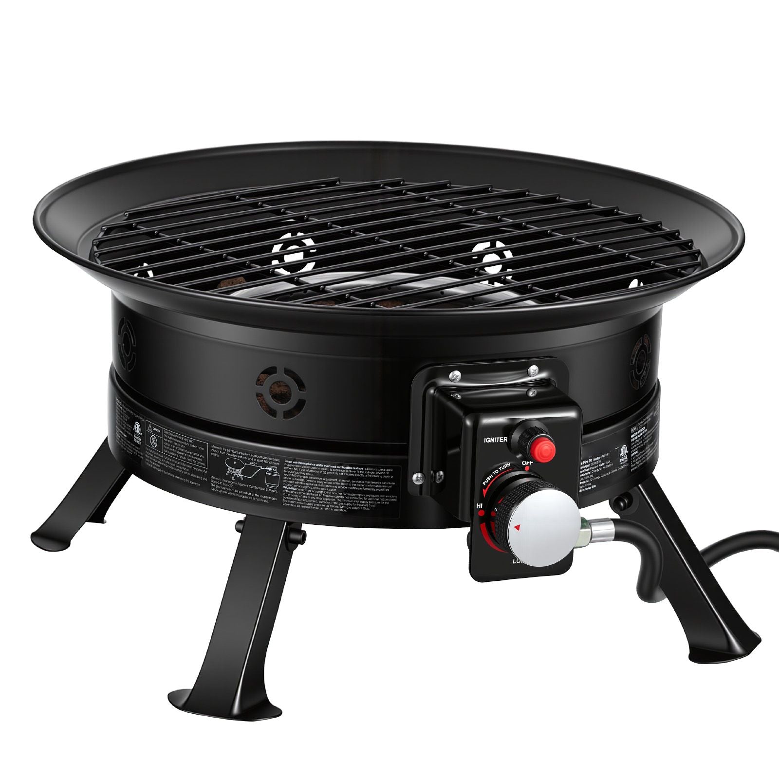 Propane Fire Pit 19-Inch, 53,000 BTU Portable Gas Fire Pit, with Grill Grate & Lava Rocks, Adjustable Flame, Folding Legs,Smokeless Outdoor Firebowl for Camping, Patio, Backyard, Deck, RV, Black