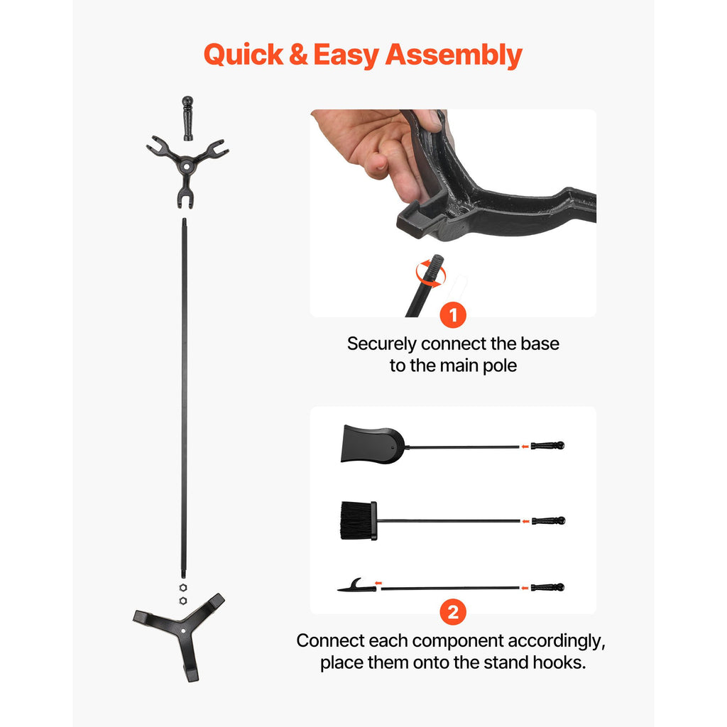Fireplace Tool Set, 4 PCS Fire Tool Set and Holder with Three-Prong Stand, Ash Shovel, Brush, Fire Place Poker, Wrought Iron Fireplace Accessories for Campfire Indoor/Outdoor, Black