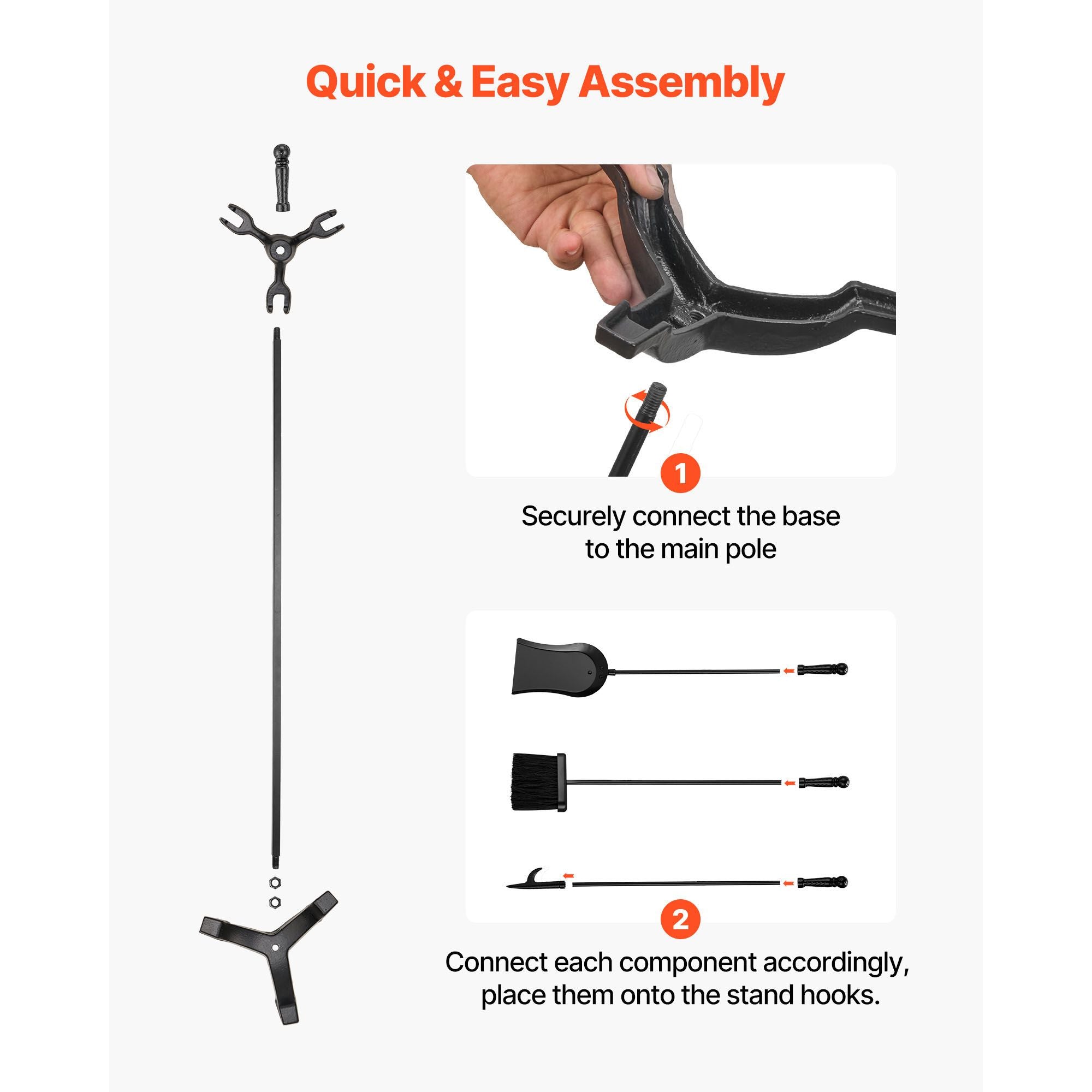 Fireplace Tool Set, 4 PCS Fire Tool Set and Holder with Three-Prong Stand, Ash Shovel, Brush, Fire Place Poker, Wrought Iron Fireplace Accessories for Campfire Indoor/Outdoor, Black