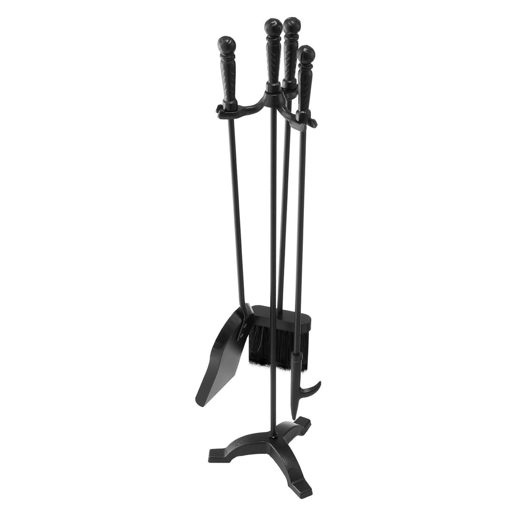 Fireplace Tool Set, 4 PCS Fire Tool Set and Holder with Three-Prong Stand, Ash Shovel, Brush, Fire Place Poker, Wrought Iron Fireplace Accessories for Campfire Indoor/Outdoor, Black