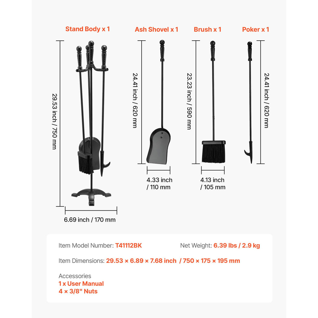 Fireplace Tool Set, 4 PCS Fire Tool Set and Holder with Three-Prong Stand, Ash Shovel, Brush, Fire Place Poker, Wrought Iron Fireplace Accessories for Campfire Indoor/Outdoor, Black