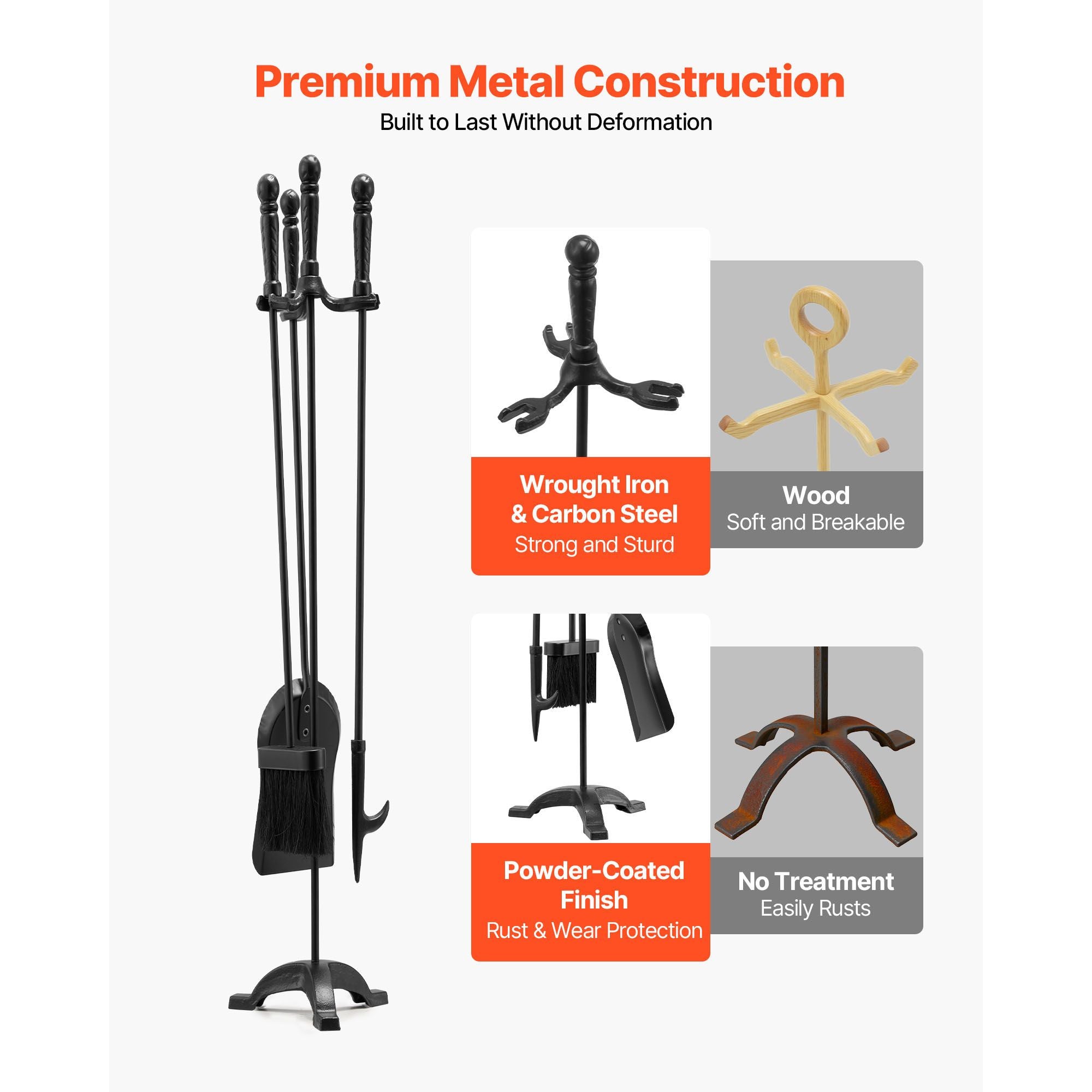 Fireplace Tool Set, 4 PCS Fire Tool Set and Holder with Three-Prong Stand, Ash Shovel, Brush, Fire Place Poker, Wrought Iron Fireplace Accessories for Campfire Indoor/Outdoor, Black