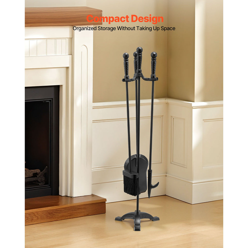 Fireplace Tool Set, 4 PCS Fire Tool Set and Holder with Three-Prong Stand, Ash Shovel, Brush, Fire Place Poker, Wrought Iron Fireplace Accessories for Campfire Indoor/Outdoor, Black